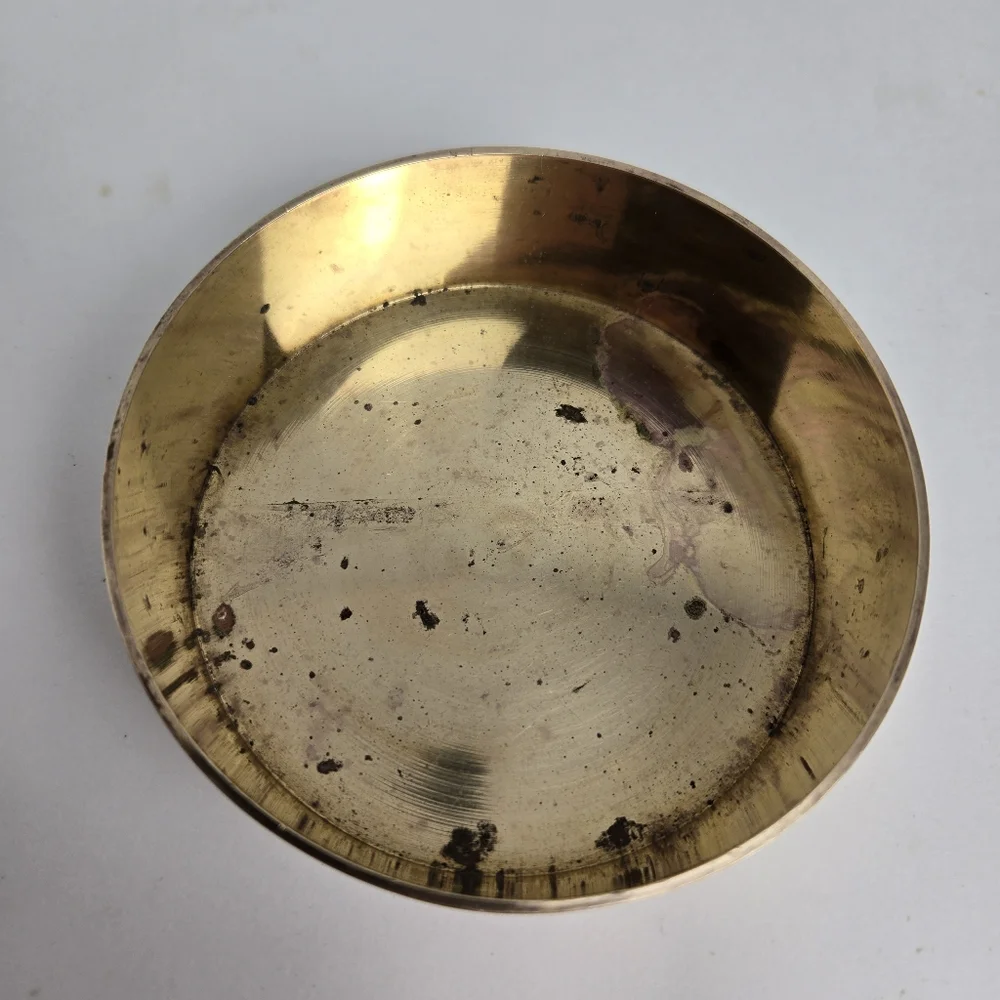 Vintage MCM Brass Floral Etched Round Trinket Dish India